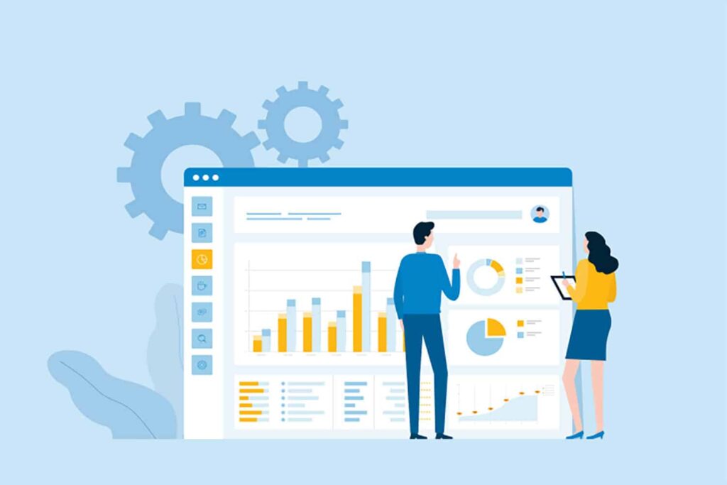 illustration of two people looking at a large computer screen with financial charts