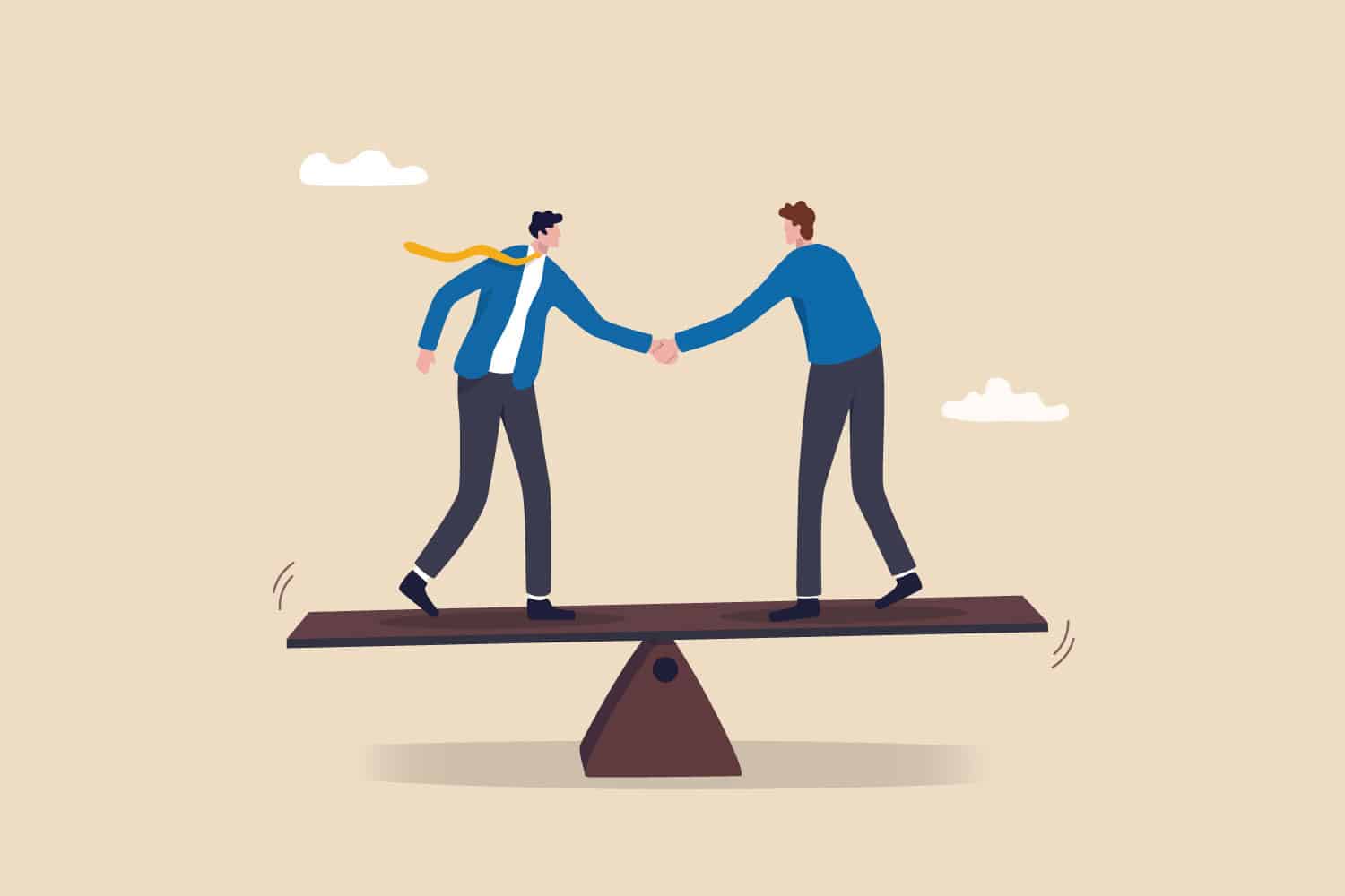 illustration of two people shaking hands on a see-saw representing partnership