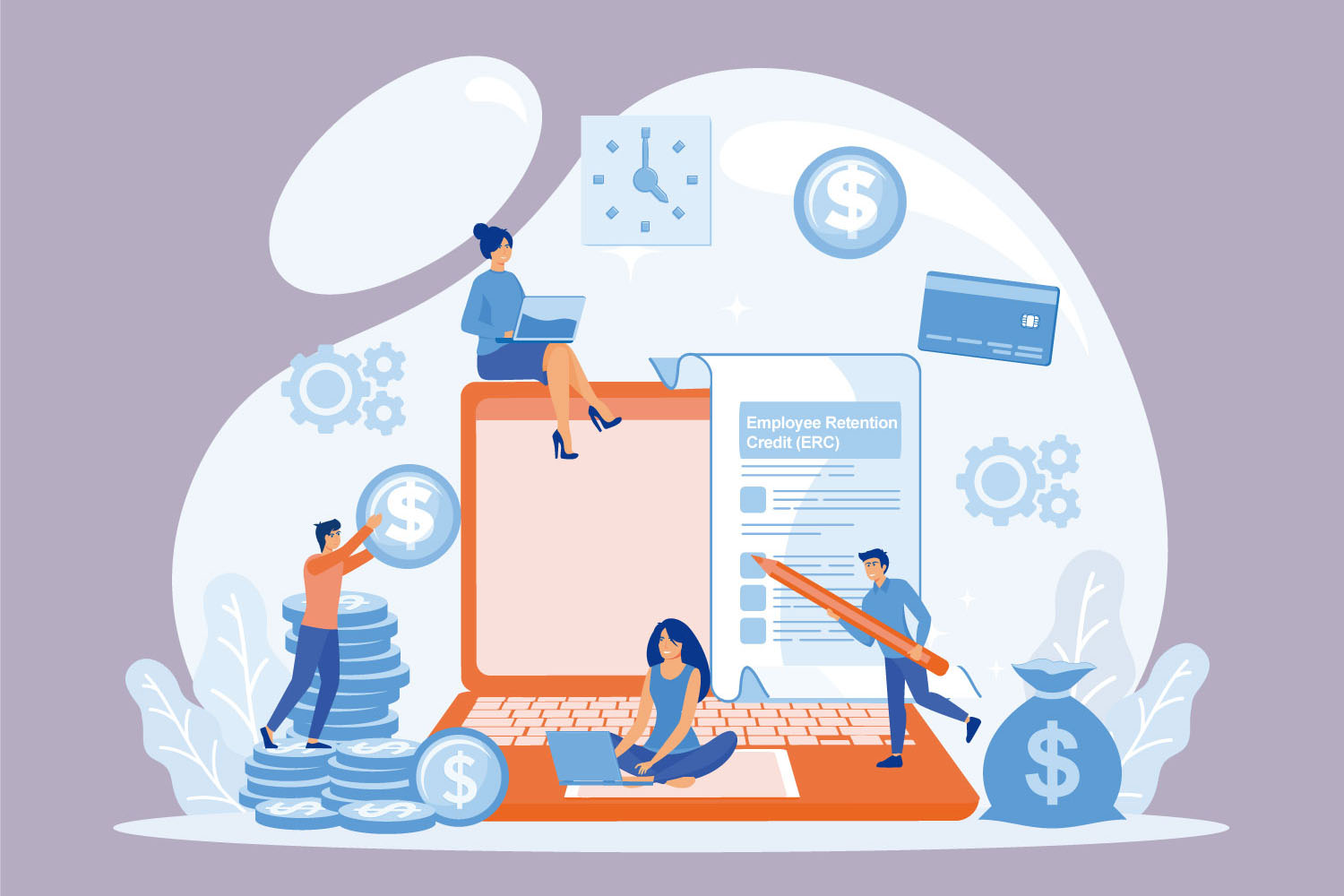 an illustration of people with a laptop and financial symbols