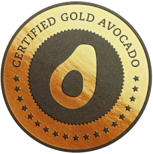 gold colored seal that shows the text "certified gold avocado"