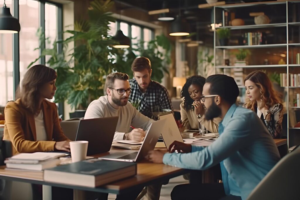 a group of people sitting around a table looking at laptops