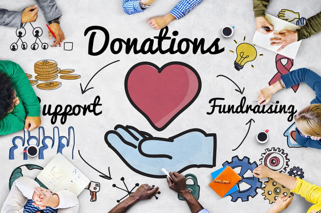 collage of photos and images related to  illustrate nonprofit fundraising 