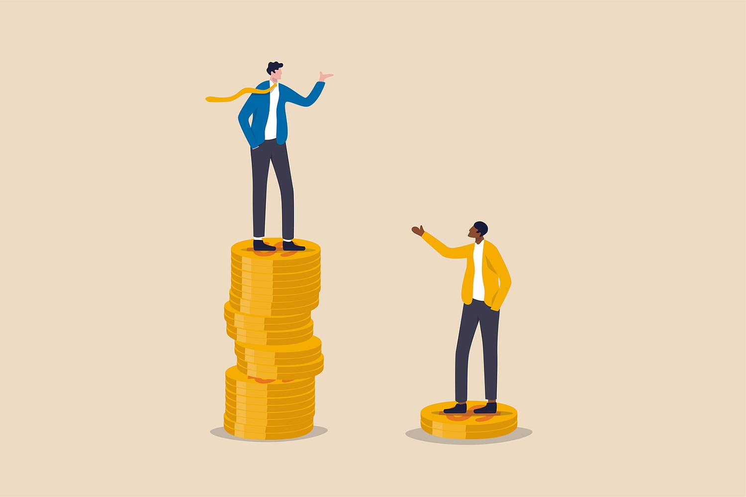 one person standing on a tall stack of coins waves to another person standing one two coins