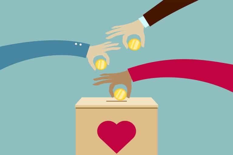 an illustration of people putting their hands in a box with a heart