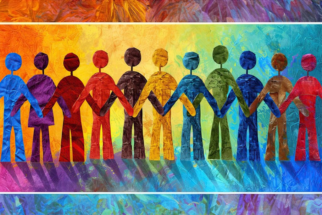 colorful cut-out painted human figures on a colorful background