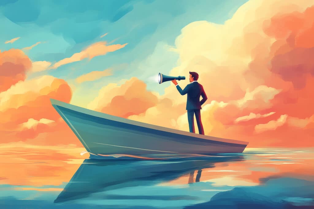a man with a spotlight looking from boat on water