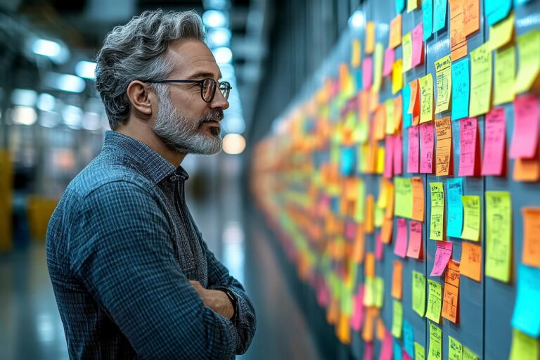 man looking at wall with lots of post-it notes