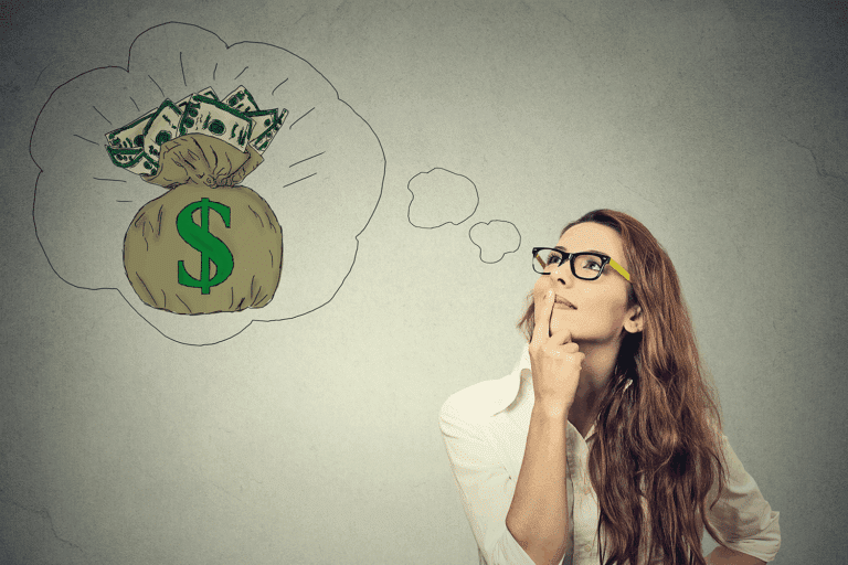 a person with a money bag thought bubble