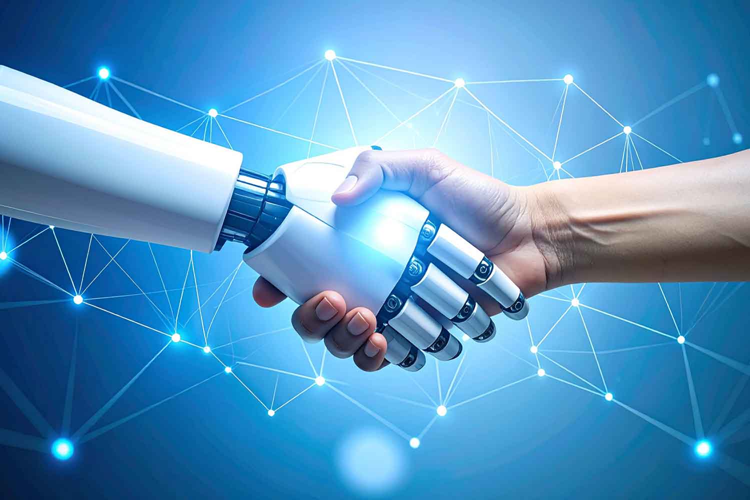 a hand holding a robot hand holding a light bulb