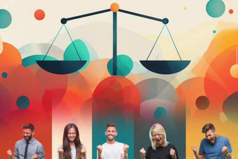 a group of people standing under the scales of justice