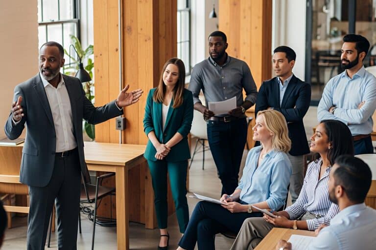 a man speaks to a group of office professionals
