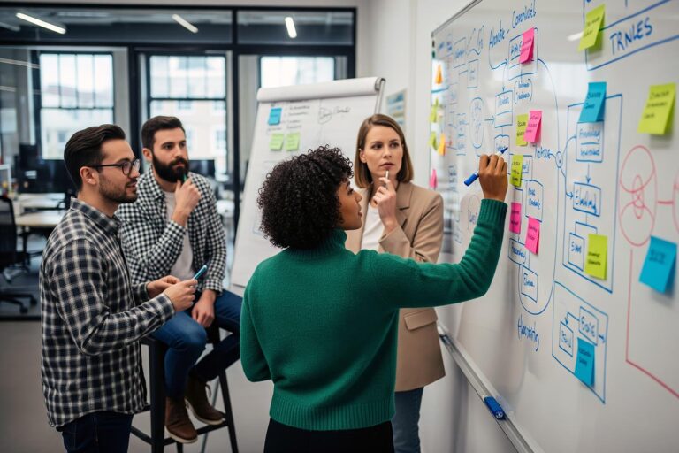 a person writing on a white board while others watch