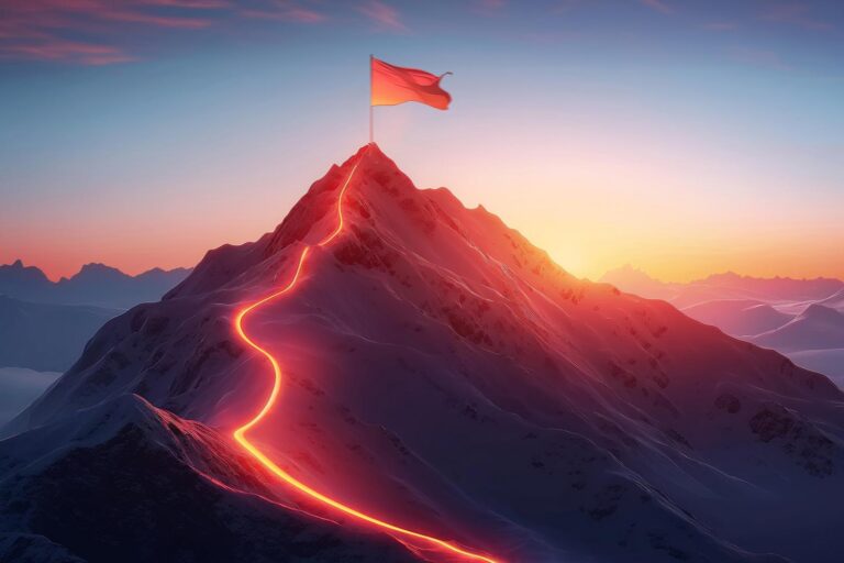 lighted path to the top of a mountain with a flag
