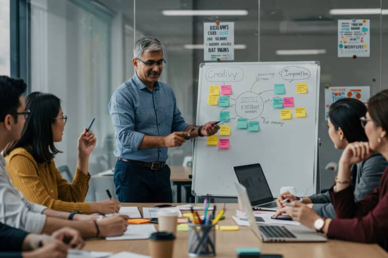 people in an office looking at a whiteboard with sticky notes