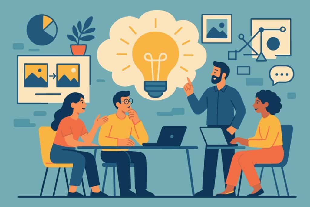 a group of people sitting around a table with a light bulb above them