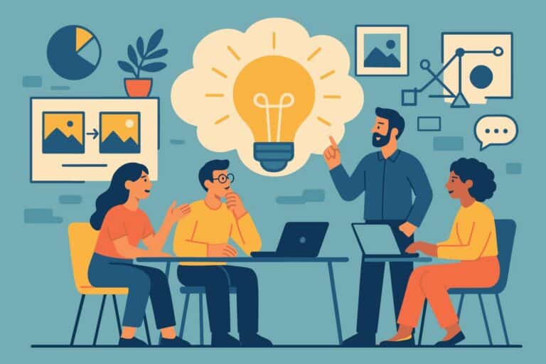 a group of people sitting around a table with a light bulb above them