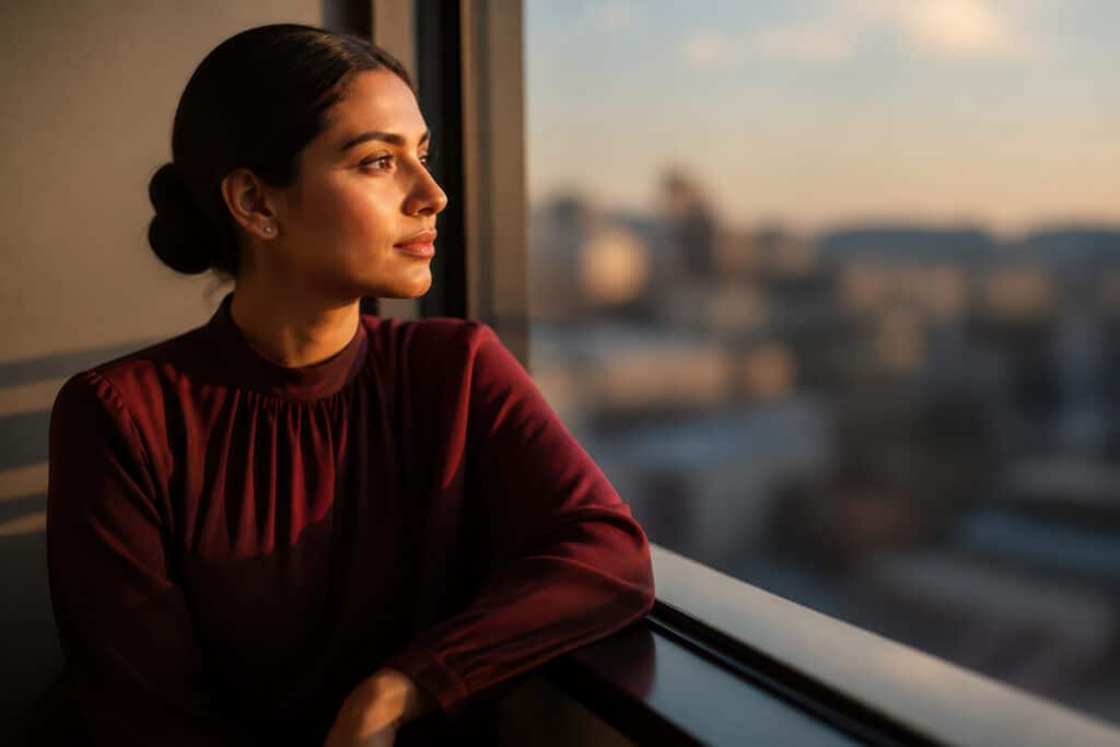 a person looking out a window