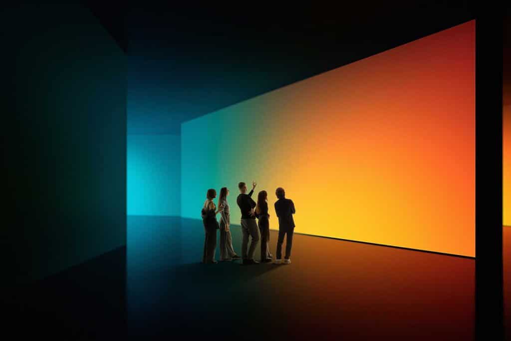 A group of people standing in front of walls colored by a color spectrum