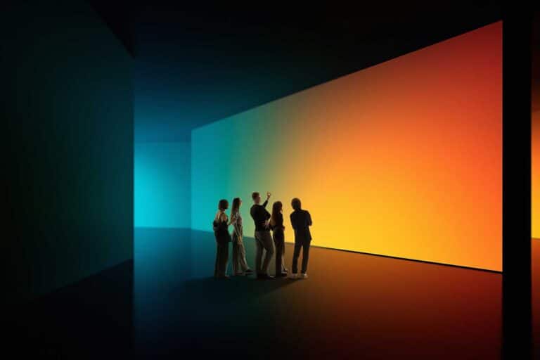 A group of people standing in front of walls colored by a color spectrum